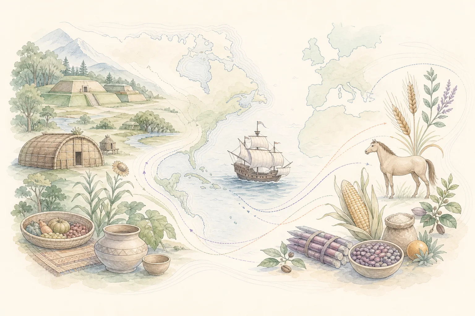 Illustrated overview of North America, Atlantic exploration, and biological exchange from 1491 to 1607
