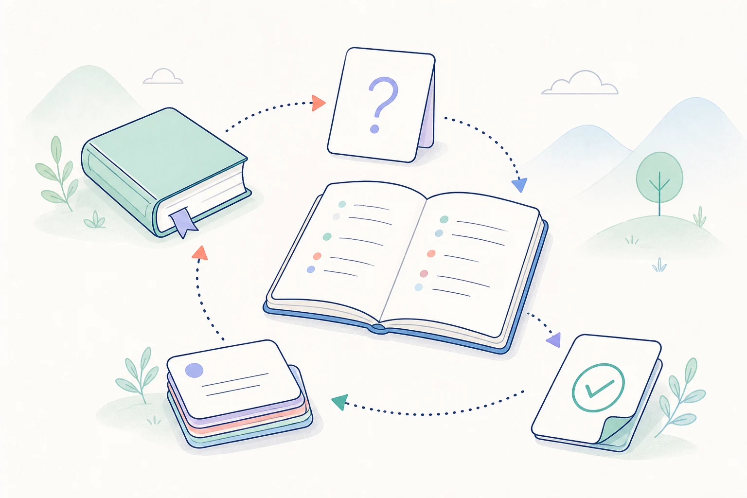 Illustrated active recall cycle connecting a closed book, question prompt, blank notebook, flashcards, and feedback card