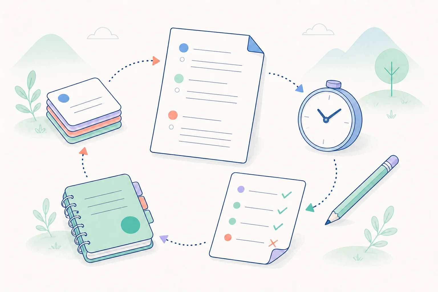 Illustrated past-paper practice cycle connecting an exam paper, timer, marking guide, pencil, and mistake-log notebook