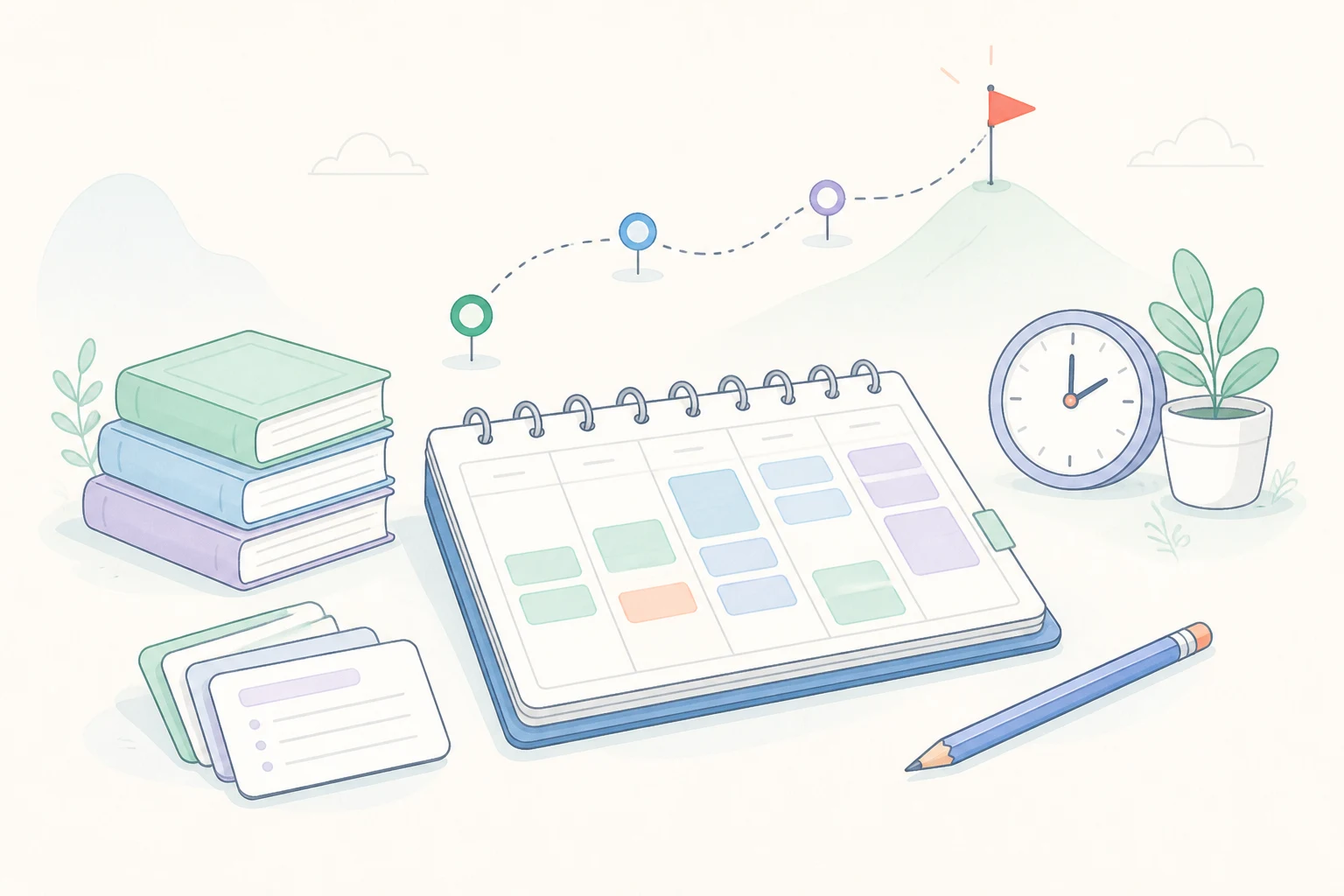 Illustrated weekly planner with books, flashcards, a clock, and a gentle path toward a goal flag