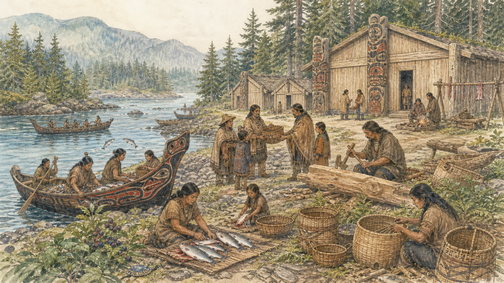 Watercolor illustration of a pre-contact Pacific Northwest coastal community with cedar plank houses, salmon fishing, canoes, weaving, and woodworking