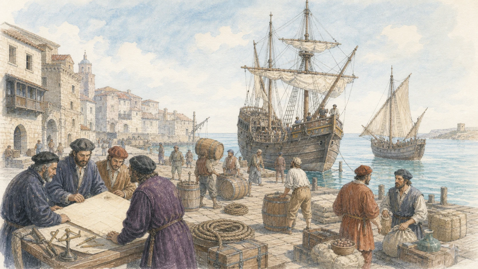 Watercolor illustration of a late-fifteenth-century Atlantic port where sailors, merchants, mapmakers, and ocean-going vessels prepare for a voyage
