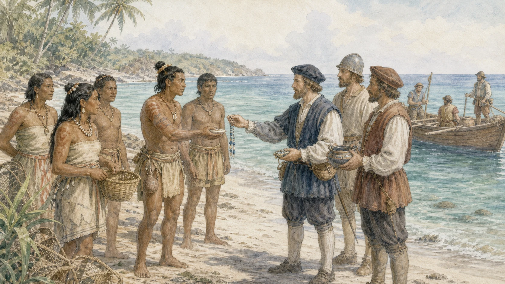 Watercolor illustration of a cautious first-contact exchange between Taíno community members and Spanish sailors on a Caribbean shore