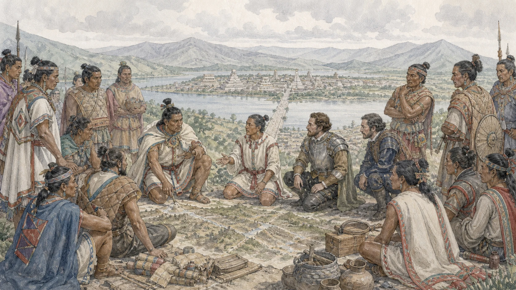 Watercolor illustration of Spanish soldiers and Indigenous allied diplomats coordinating near a large Mesoamerican city without triumphalist or violent imagery