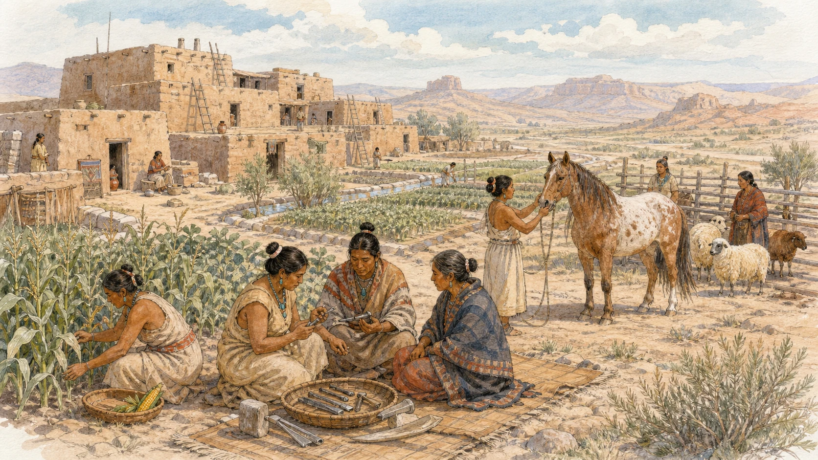 Watercolor illustration of an Indigenous Southwestern community evaluating and beginning to manage introduced horses and metal tools around 1600