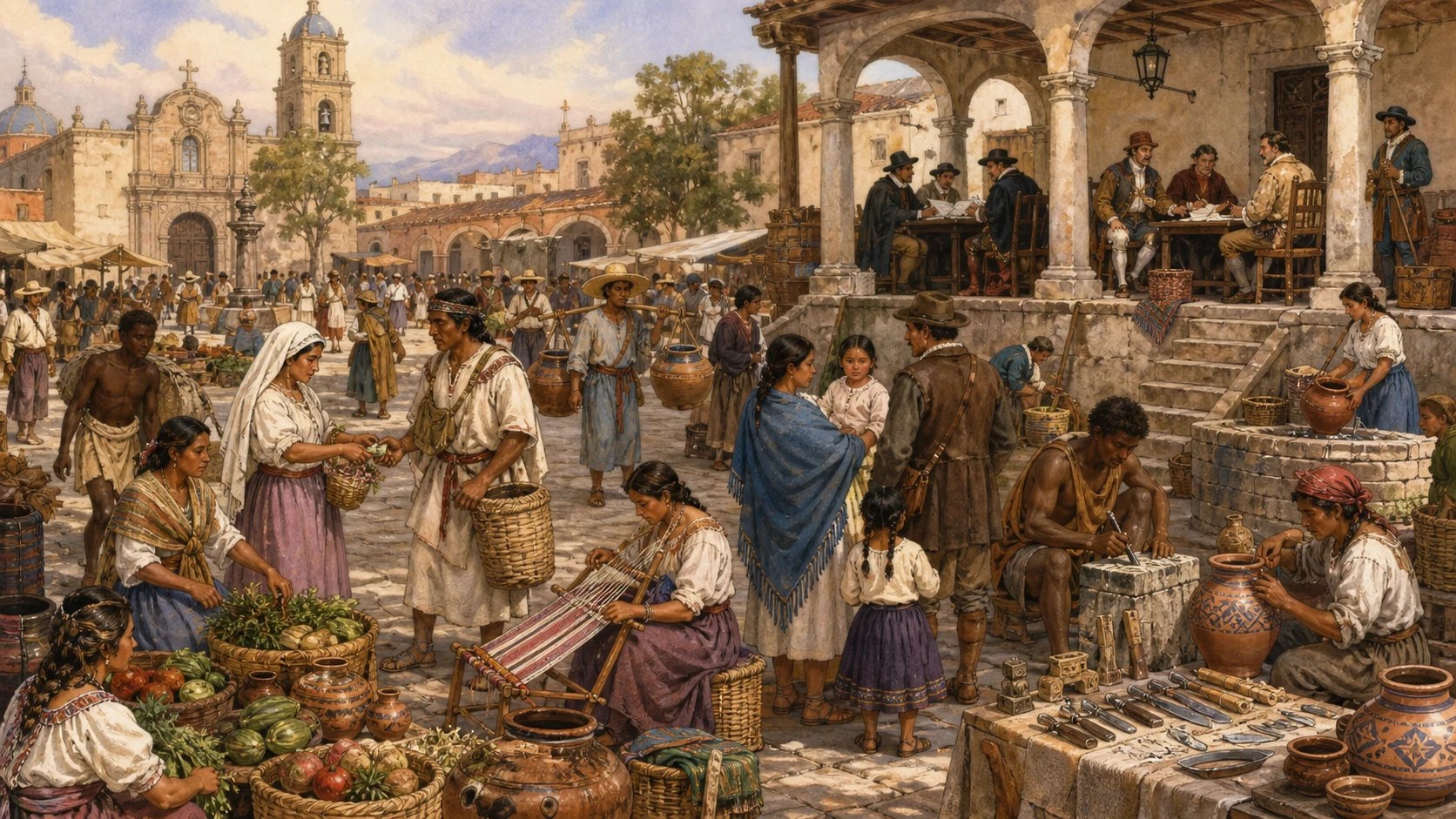 Diverse residents of late-sixteenth-century New Spain trading produce, textiles, pottery, and tools in an urban market beneath a raised colonial arcade