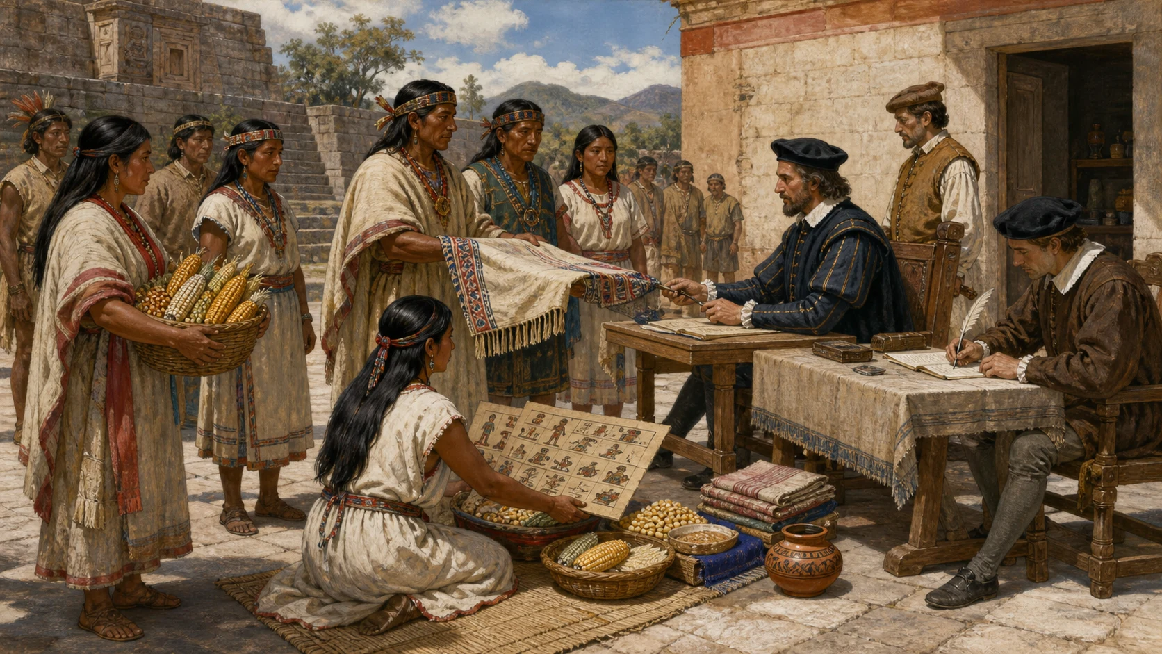 Indigenous community leaders and record keepers presenting maize, woven cloth, and pictorial tribute records to Spanish colonial officials in sixteenth-century New Spain