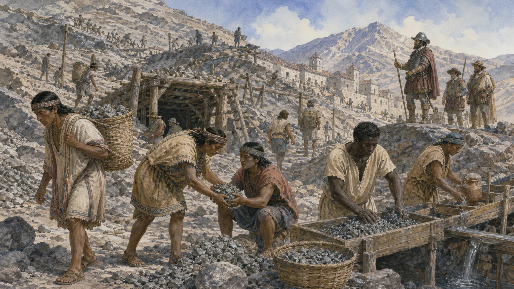 Indigenous drafted laborers and an enslaved African worker sorting and carrying silver ore under Spanish supervision in a sixteenth-century Andean mining settlement