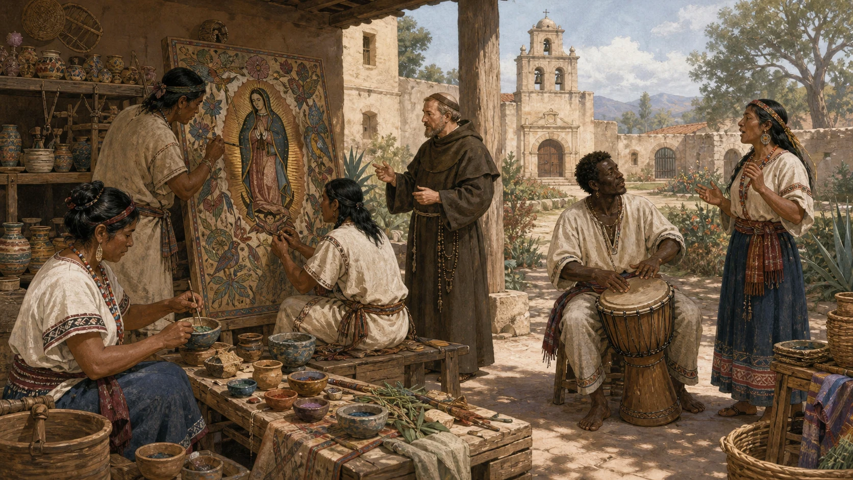 Indigenous artists, an African musician, an Indigenous singer, and a Spanish friar exchanging artistic and musical practices in a sixteenth-century mission workshop