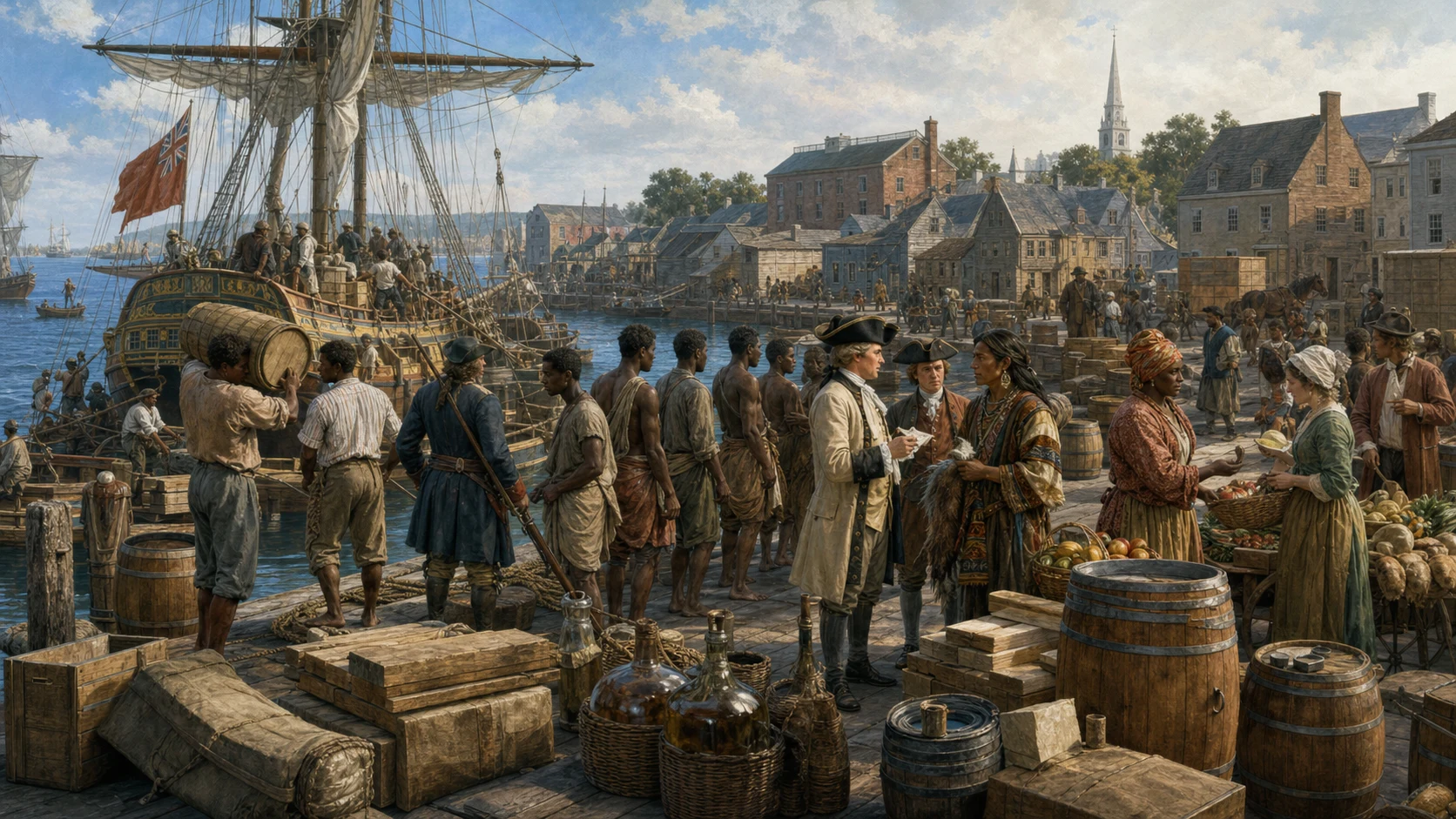 Early-eighteenth-century Atlantic port with European merchants, African dockworkers and forced arrivals, artisans, market women, an Indigenous trader, ships, and colonial cargo