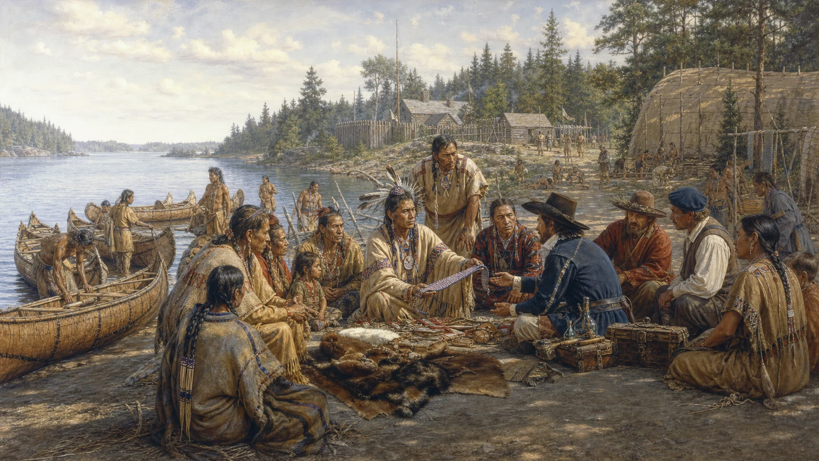 Seventeenth-century Great Lakes council where Indigenous diplomats lead a trade and alliance negotiation with a small group of French traders