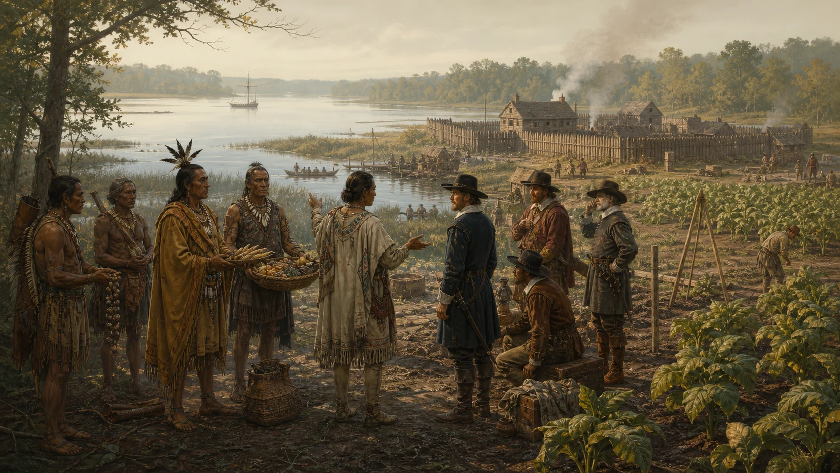 Early Jamestown tobacco settlement beside the James River where Powhatan diplomats lead a cautious exchange with dependent English colonists