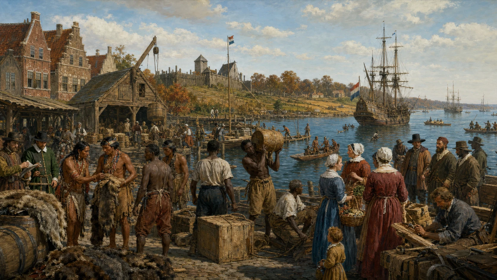 Mid-seventeenth-century New Amsterdam harbor with Dutch merchants, Native fur traders, African dockworkers, diverse families, warehouses, ships, and canoes