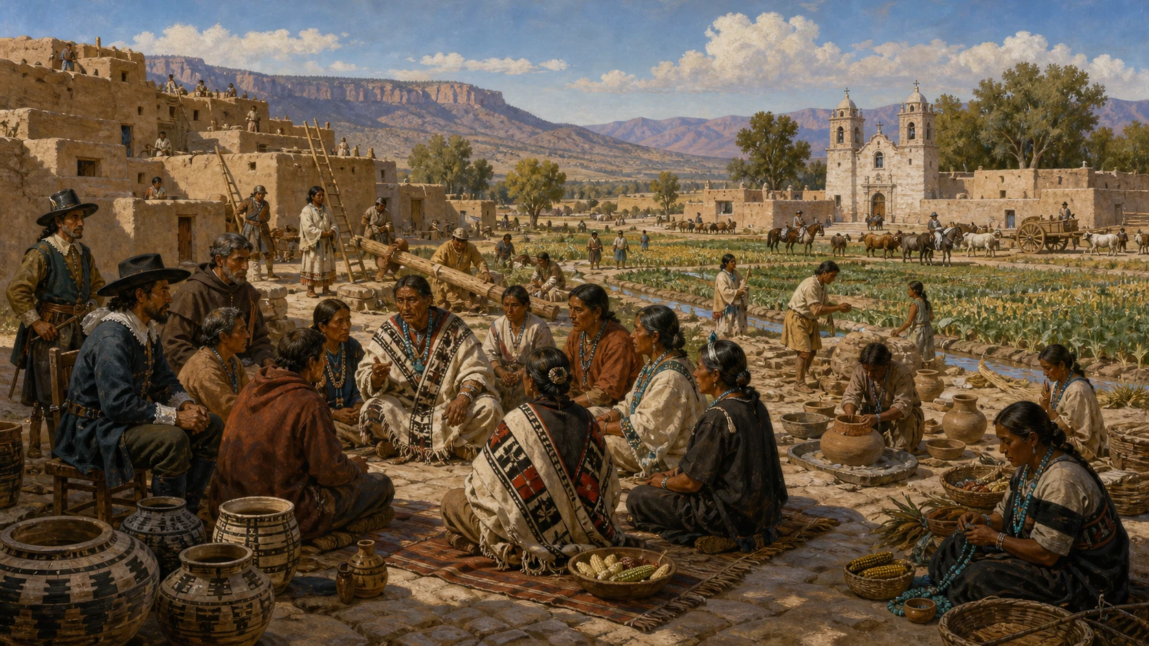 Pueblo leaders meeting Spanish officials and a Franciscan near adobe homes, a mission church, irrigated fields, pottery production, and livestock around 1700