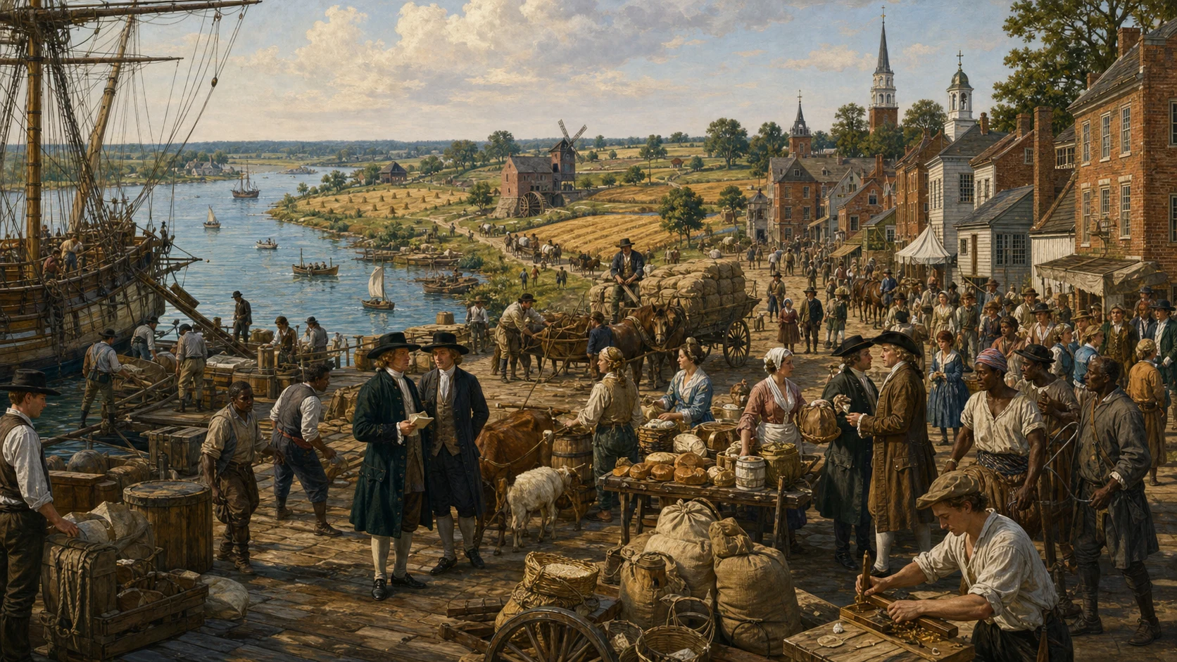 Busy Middle Colonies river port around 1730 linking grain farms and mills to a diverse urban market and Atlantic shipping