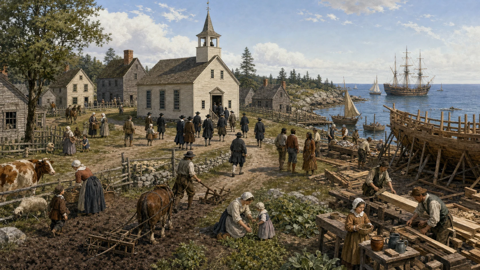 Compact New England coastal town around 1700 with a meetinghouse, family farms, town meeting, fishing boats, artisans, and shipbuilding