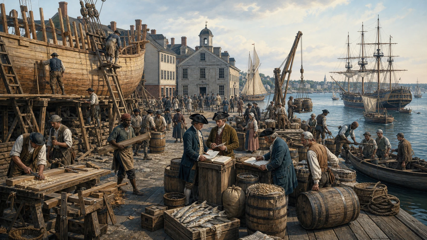 Busy northern British colonial port around 1735 with a shipyard, merchants, customs papers, dockworkers, cargo, and Atlantic vessels