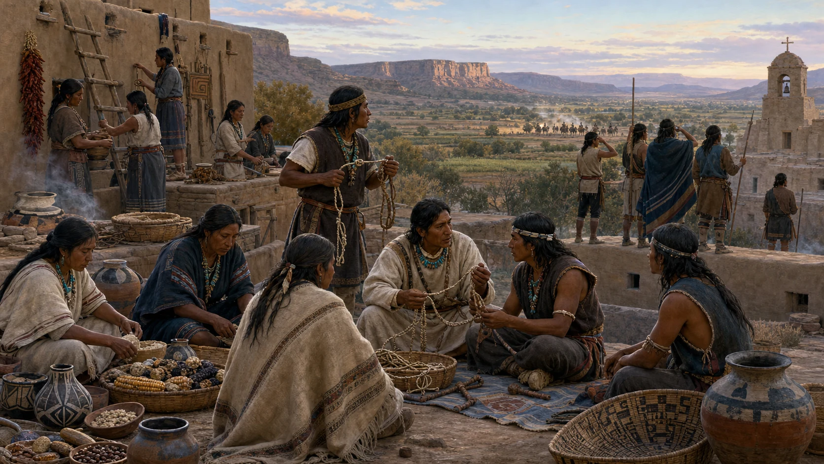 Pueblo communities coordinate the 1680 revolt using knotted cords in an adobe plaza while families preserve food and sacred objects near a Spanish mission