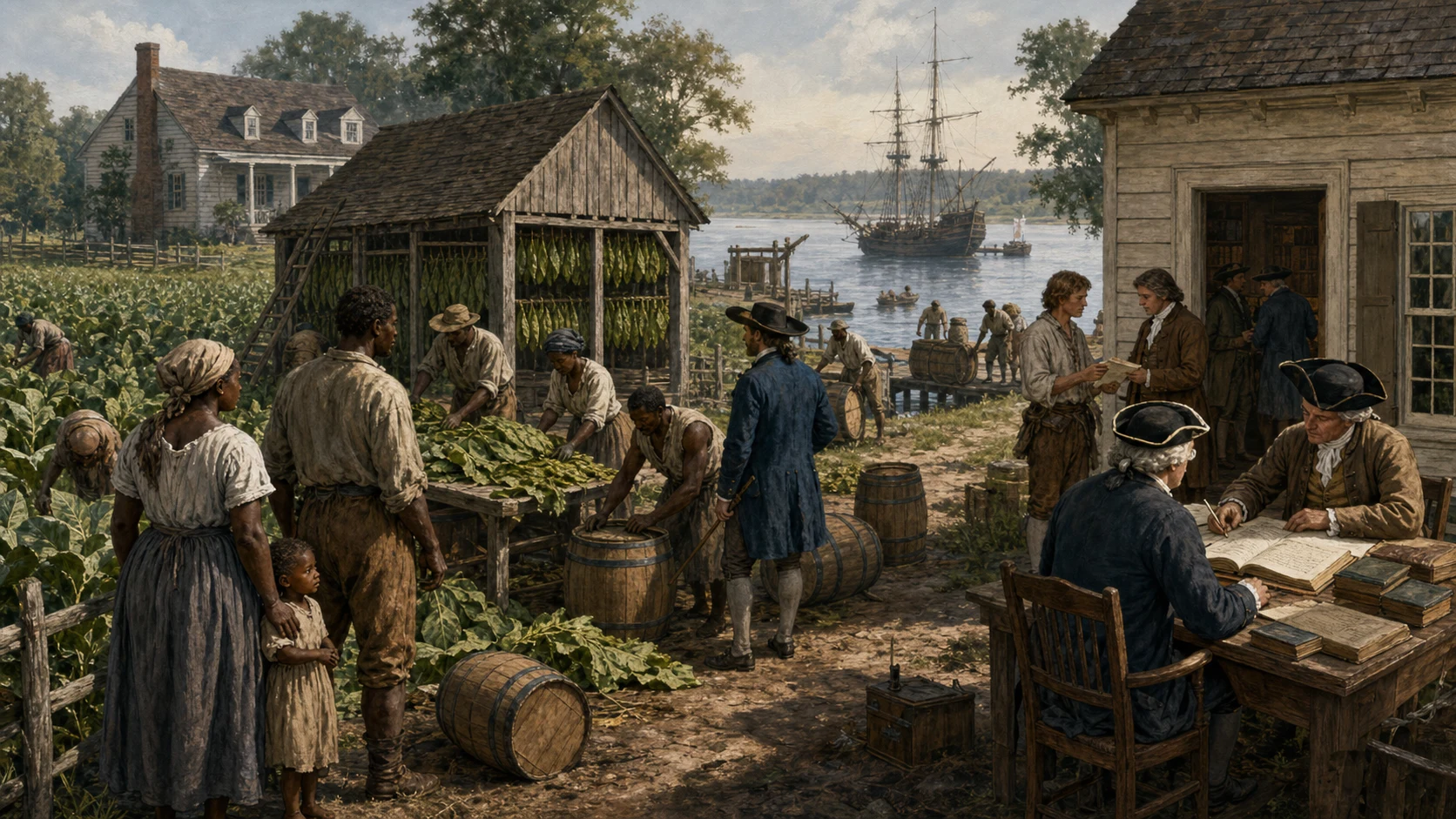 Chesapeake tobacco plantation around 1705 linking enslaved African family labor, indentured servants, curing barns, a river wharf, and planter-controlled legal records