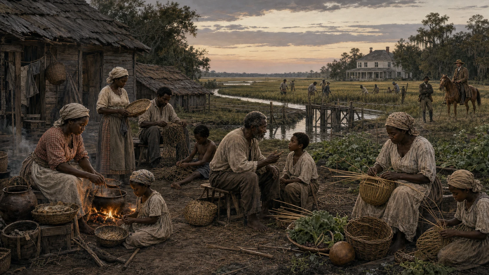 Enslaved African community beside Lowcountry rice fields around 1735 sustaining families, gardens, cooking, basketry, fishing, craft knowledge, and oral tradition under surveillance