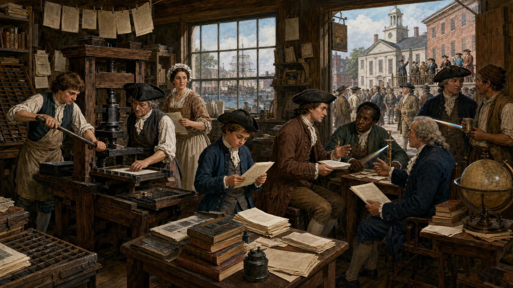 Colonial print shop around 1745 connecting a hand press, readers, scientific instruments, public debate, and civic institutions