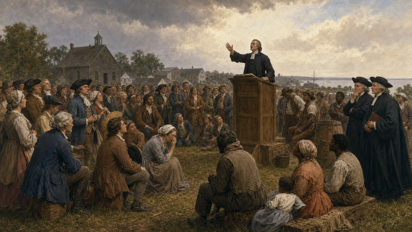 First Great Awakening outdoor revival around 1740 with an itinerant preacher, a socially mixed audience, and skeptical established ministers