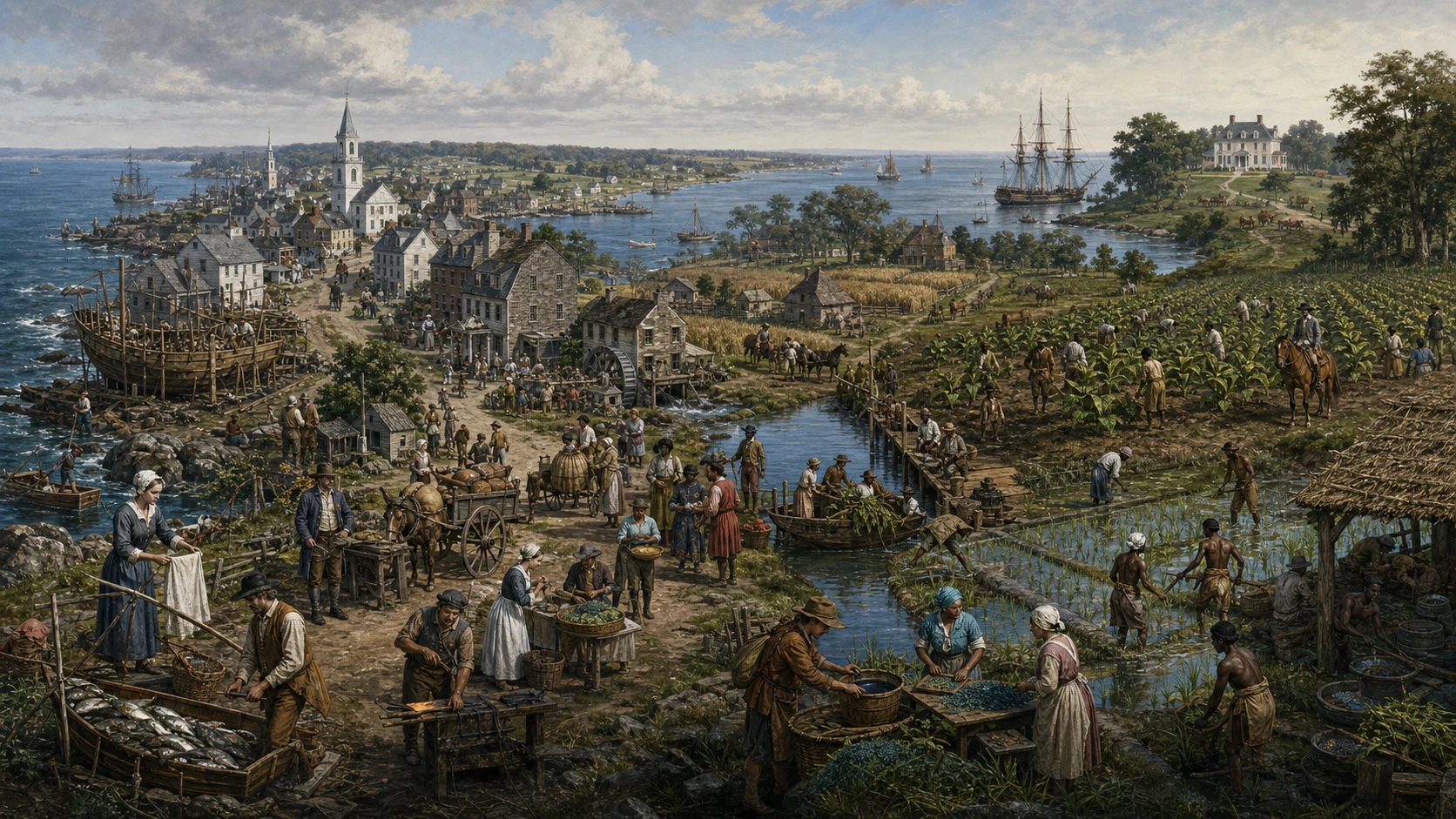 Comparative panorama of New England maritime towns, Middle Colony grain farms, Chesapeake tobacco fields, and Lower South rice cultivation around 1745